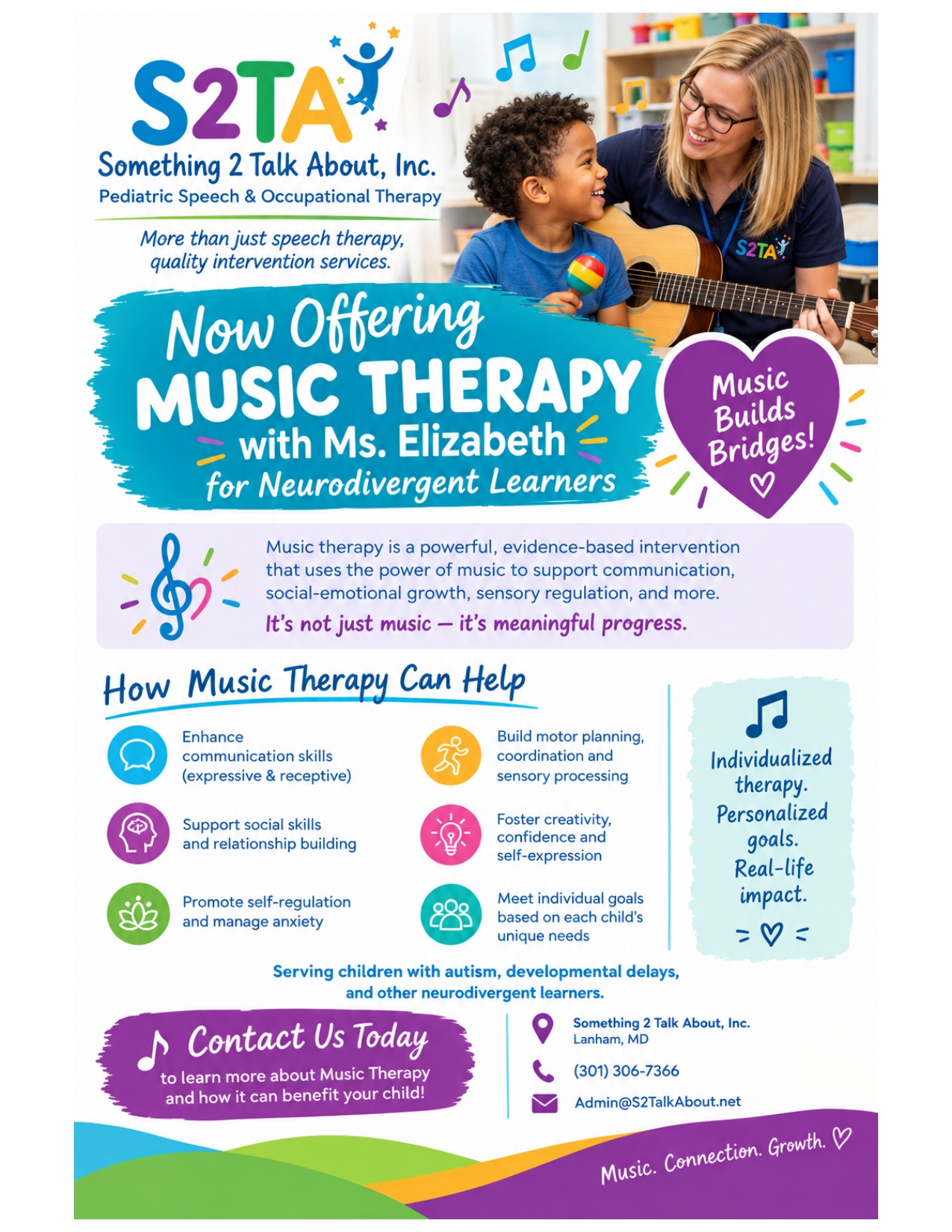 Something 2 Talk About, Inc. Music Therapy flyer with Ms. Elizabeth for neurodivergent learners